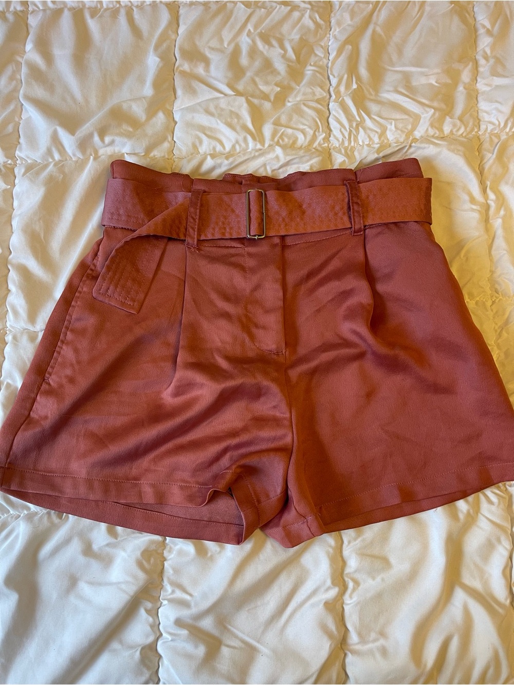 Dynamite High-Waist Belted Rust-Red Shorts